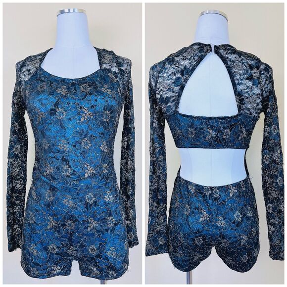 1990s Vintage Romper / 90s Teal Gold Black Lace Cut Out Back Playsuit / Medium - Picture 1 of 8